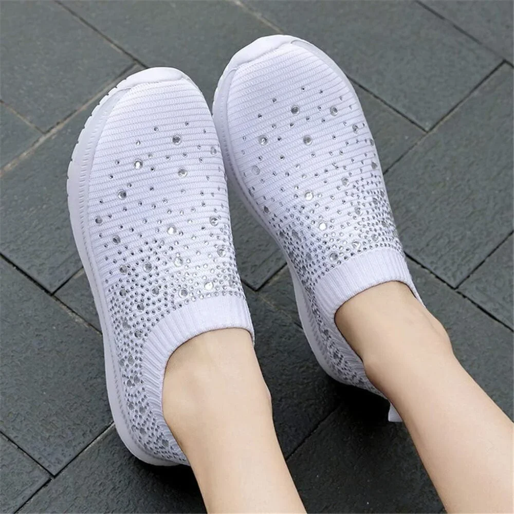 Women's Mesh Walking Shoes Rhinestone Glitter Slip On Ballroom Sneakers White